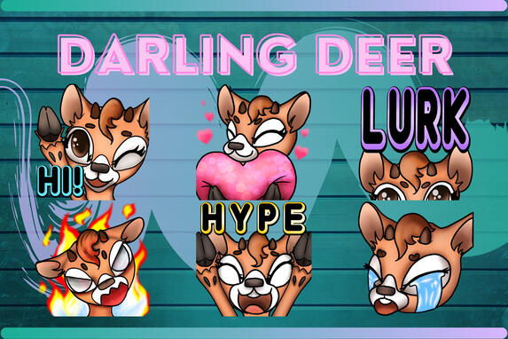 A set of 6 emotes featuring a cute fawn waving, hugging a heart, peeking up, yelling w/ flames, happy shouting, crying