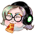 A chibi face with pastel green and lavender hair wearing glasses and headphones eating a slice of pizza.